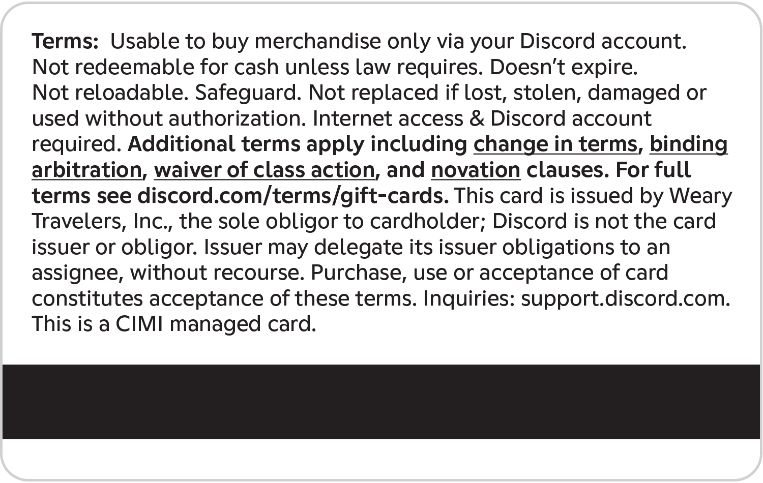 Text on a card detailing Discord gift card terms, restrictions, and support contact information.