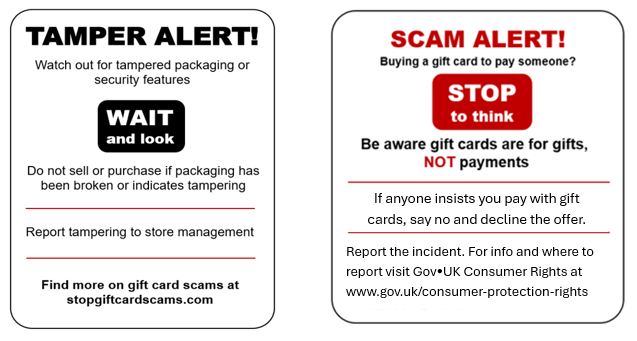 Two alert signs warn about tampered packaging and gift card scams, with instructions and helpful websites.