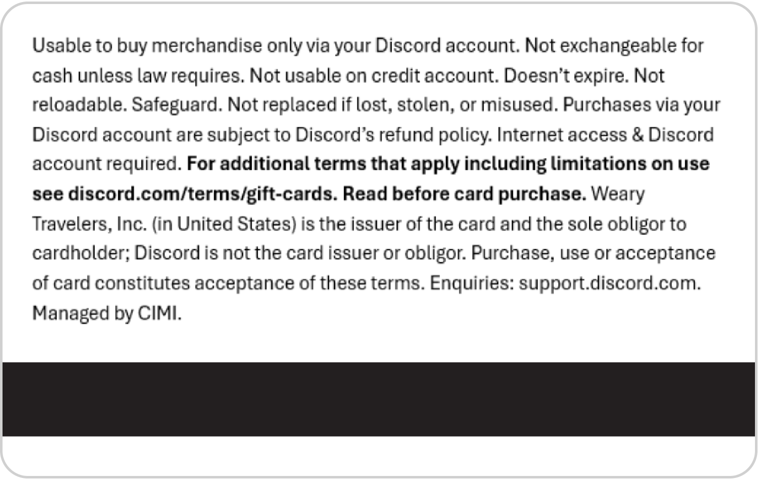 Close-up of Discord gift card terms, detailing usage, restrictions, and refund information in black text.