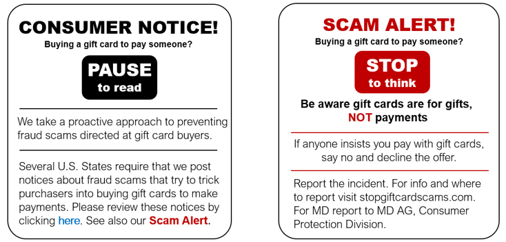 Two signs warn about gift card scams, urging buyers to pause and stop before paying someone with a gift card.