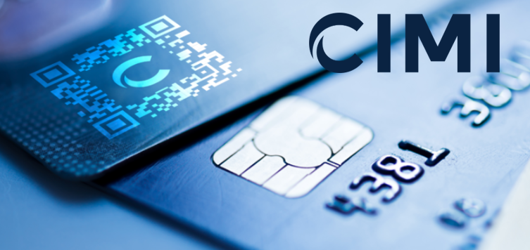 Two credit cards, one with a QR code, and the word “CIMI” in large text above them.