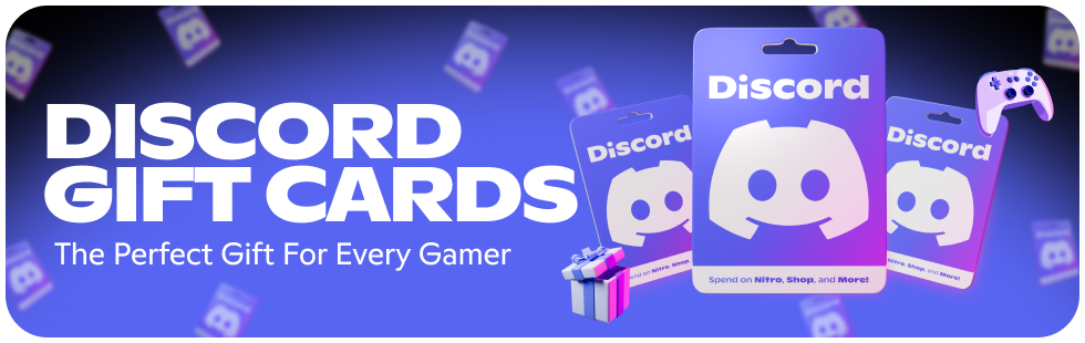 Discord gift cards and gaming items on a purple background with text: "The Perfect Gift For Every Gamer.