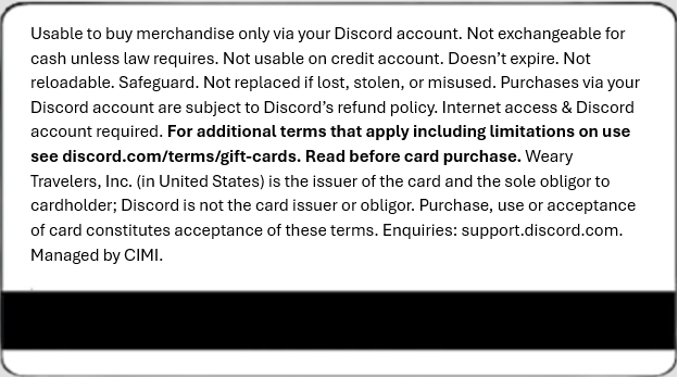 Text outlining Discord gift card terms and conditions, including usage, policies, and support contact information.
