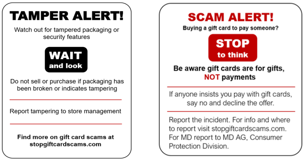 Two warning signs about gift card scams: one for tampered packaging, one for stopping scams and reporting them.