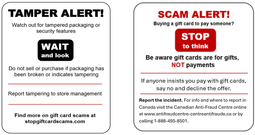 Two warning signs about gift card scams, urging shoppers to check packaging and never use cards for payment.