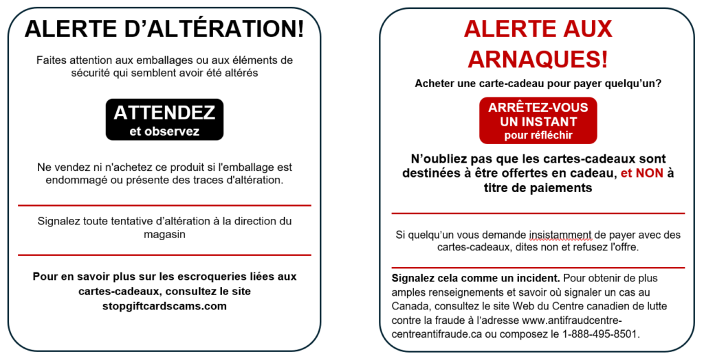 Two French warning signs about gift card scams and tampering, with bold titles and red caution boxes.