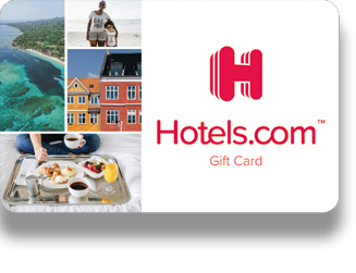 Carte cadeau Hotels.com illustrée de photos d'une plage, de bâtiments colorés et d'un plateau de petit-déjeuner d'hôtel.