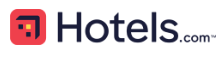 Hotels.com logo with a red square featuring a stylized building icon next to the website name.