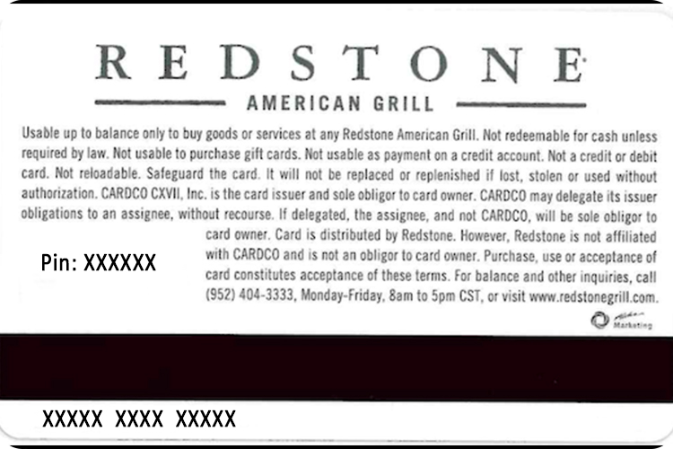Redstone American Grill gift card back