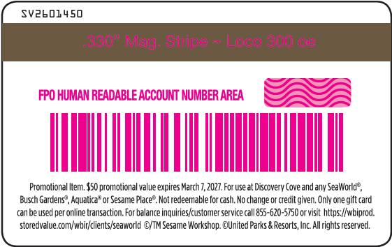 People riding a blue roller coaster; $20 promo card for theme parks, expires February 28, 2026.