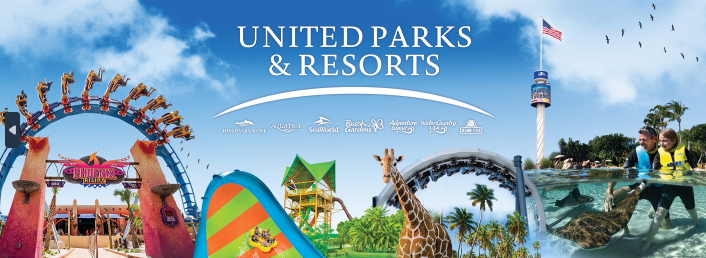 Collage of amusement rides, wildlife, and children at United Parks & Resorts’ various attractions under a blue sky.