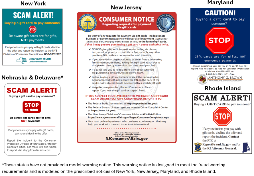 Five scam alert and consumer notice posters warning against gift card payment scams in various US states.