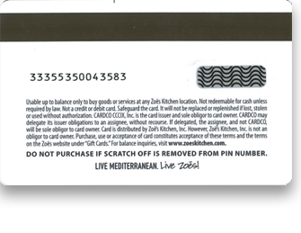 Zoes Kitchen gift card back